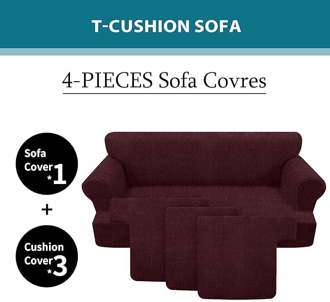 T Cushion Sofa Slipcover 4 Pieces Sofa Covers for T Cushion Couch Soft Sofa Slip Covers Furniture Protector with 3 Individual T Shape Seat Covers (Burgundy, 3 Cushions)