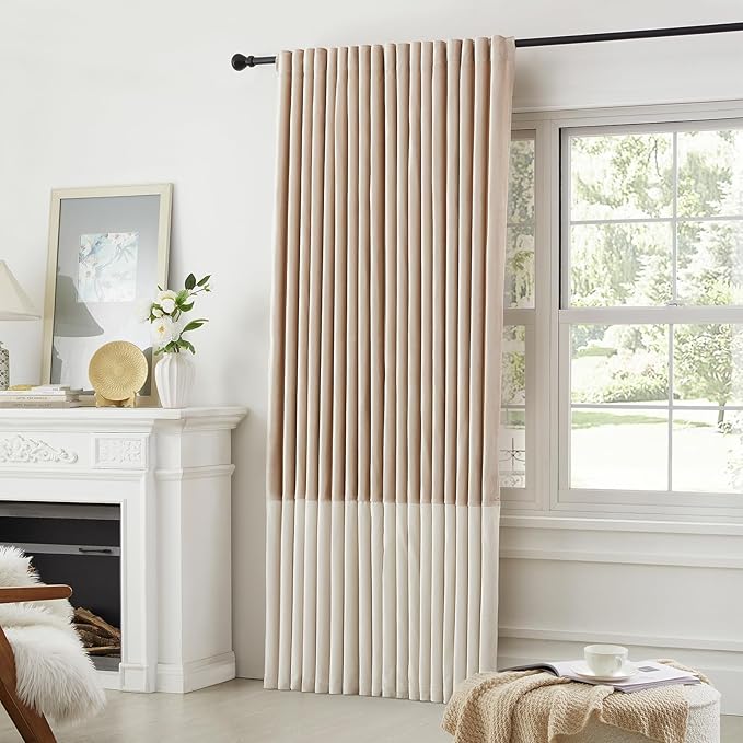 Velvet Curtains 96 inches Long for Living Room Champagne Ivory,2 Panels Blackout Curtains Modern Color Block Back Tab Rod Pocket Soundproof Drapes for Bedroom Window Decor