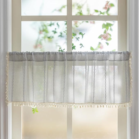Sutuo Home Boho Curtains Valance for Cafe Windows, Bohemian Short Curtains Light Filtering Linen Country Vintage Tassels Window Treatment Embroidery Drape, Rod Pocket 1 Panel 52" W x 18" L, Light Grey