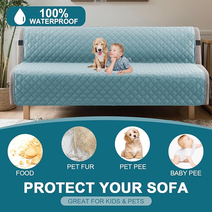 Turquoize 100% Waterproof Futon Cover Futon Slipcover Washable Armless Sofa Bed Slipcover Protector Seat Width Up to 70" with Adjustable Elastic Strap Anti-Slip for Dogs, Stone Blue