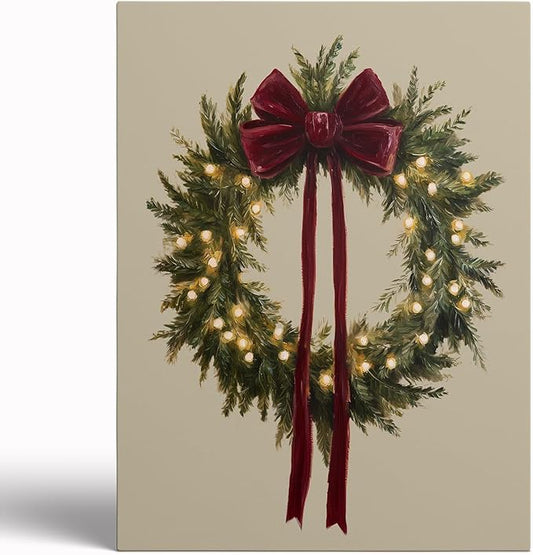 Vintage Burgundy Bow Christmas Wreath Wall Art Prints,Rustic Holiday Poster,Cozy Winter Greenery Decor,Christmas Cottagecore Prints