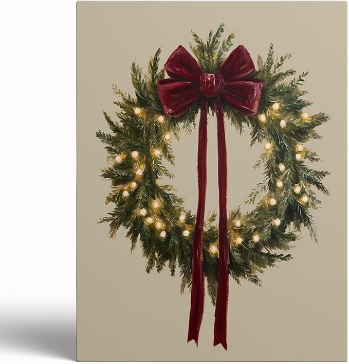 Vintage Burgundy Bow Christmas Wreath Wall Art Prints,Rustic Holiday Poster,Cozy Winter Greenery Decor,Christmas Cottagecore Prints