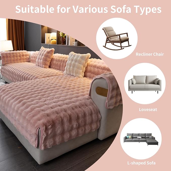 Faux Fur Couch Cover, Soft Warm Plush Sofa Couch Cover, Non Slip Sectional Sofa Slipcovers for L Shaped, Washable Furniture Protector for Kids, Dogs(Pink, 36"×47")