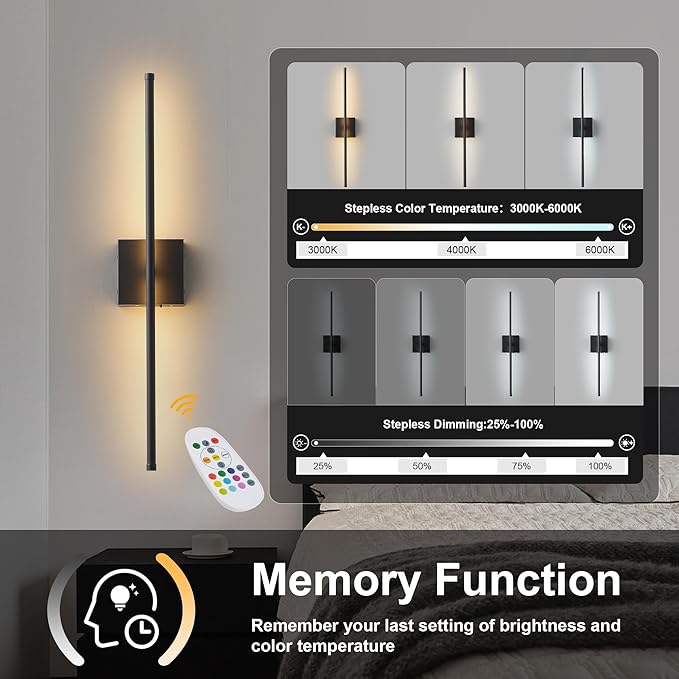 Battery Operated Wall Sconces Set of Two, with Remote Control, Dimmable, Warm White/Natural White/Daylight/RGB, 350°Rotate, LED Black Wireless Wall Light for Living Room, Bedroom, 28.3 Inch