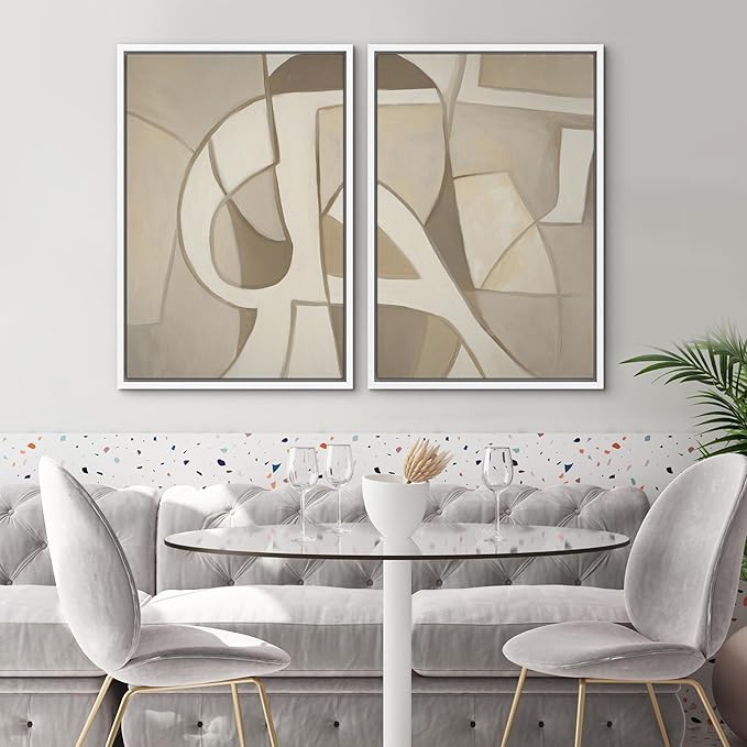 SIGNWIN Framed Canvas Print Wall Art Set Neutral Abstract Geometric Modern Minimalist Beige and Cream Illustrations Minimal Decorative Zen Bohemian for Living Room, Bedroom, Office - 24"x36"x2 White