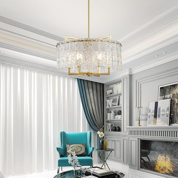 Shrine Lighting Crystal Chandeliers, Modern Luxury Style, Perfect Pendant Light Fixture for Living Space, D20'' × H4'', Adjustable 43'', 6 x E12 Sockets, Glass Shade & Brass Finish Frame
