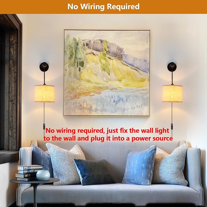Wall Sconces Set of Two, Plug in Sconces Wall Lighting with Fabric Shade, Farmhouse Wall Lamps with Plug in Cord, Rustic Wall Lights with Wood Arm and On/Off Switch for Bedroom, Living Room
