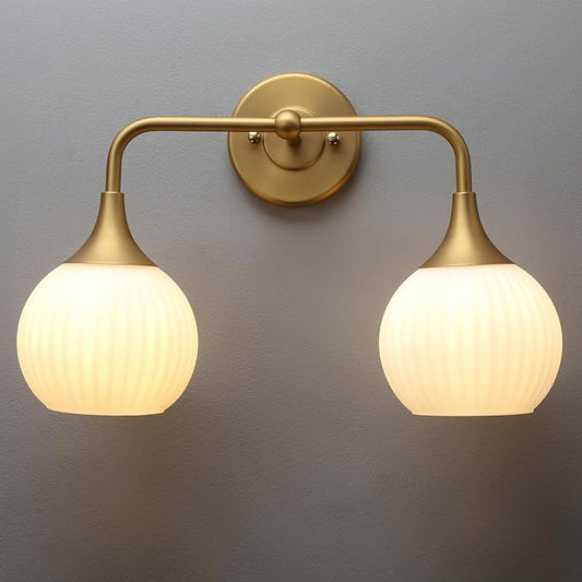 PERMO Double Sconce Antique 2 Light Sconces Vintage Vanity Light with Milk White Ribbed Globe Glass Shade for Bathroom Mirror Makeup Living Room Bedroom