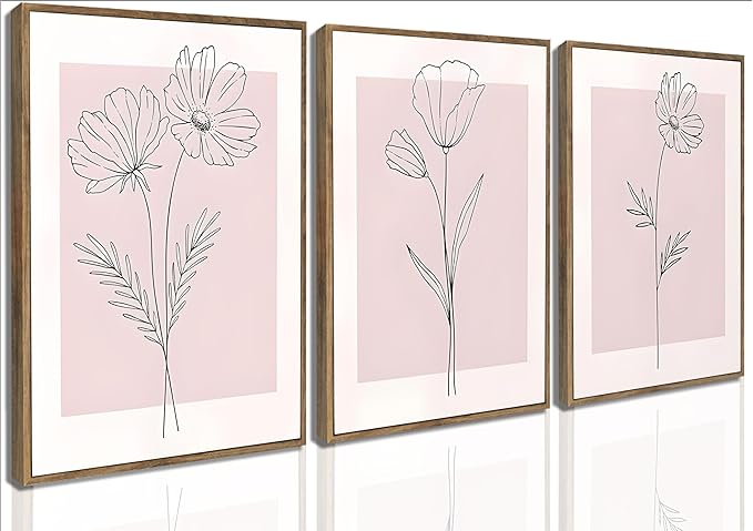 3Pcs Framed Minimalism Botanical Canvas Wall Art Pink Flowers Line Plants Pictures Wall Decor Posters Print Artwork for Girls' Room Living Room Bedroom Bathroom Office Home Decoration