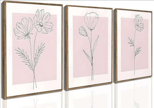 3Pcs Framed Minimalism Botanical Canvas Wall Art Pink Flowers Line Plants Pictures Wall Decor Posters Print Artwork for Girls' Room Living Room Bedroom Bathroom Office Home Decoration