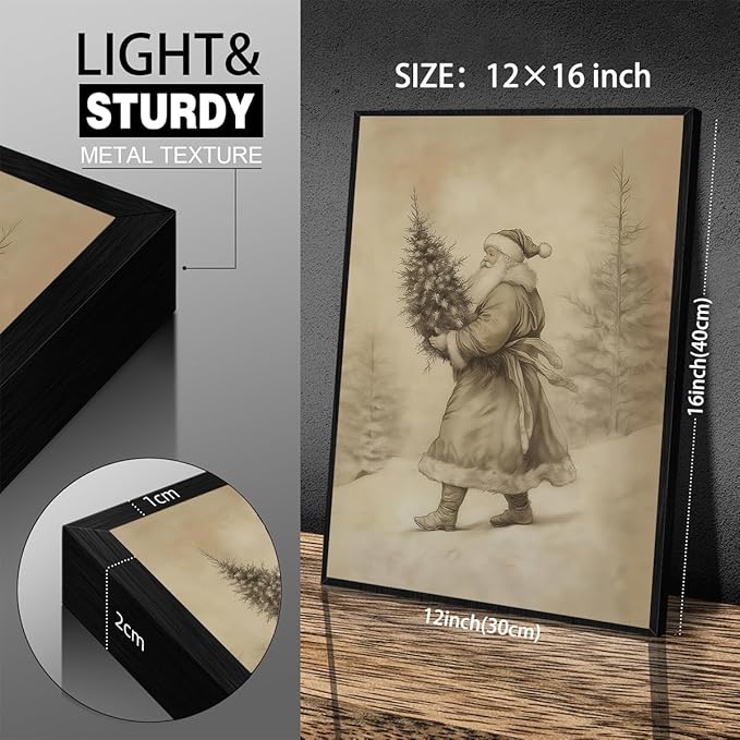 Santa Claus Sketch Poster Vintage Christmas Tree Wall Art 12x16 inch Black Framed Antique Winter Landscape Canvas Pictures Cozy Holiday Wall Decor