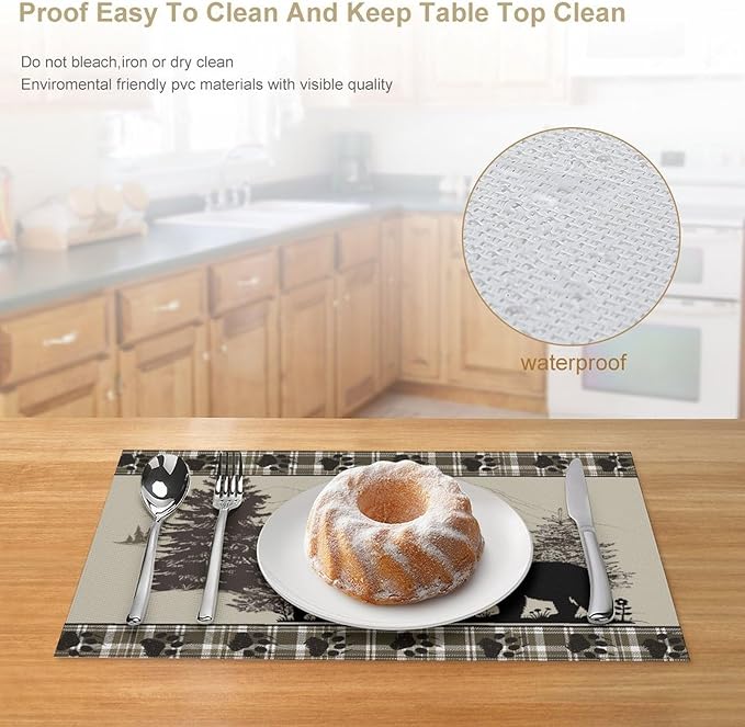 Rustic Bear Placemat Set of 4, 12x18 Inch Retro Farmhosue Green Buffalo Plaid Wildlife Wooden Forest Tree Cabin Country Lodge Coffee Table Mats for Outdoor Kitchen Dining Table Decoration