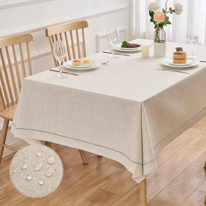 Zdolmy Natural Flax Linen Tablecloth – Undyed Rectangle Hemstitch Table Cover for Kitchen, Dining & Decoration (Elegant Style, 55" x 70")