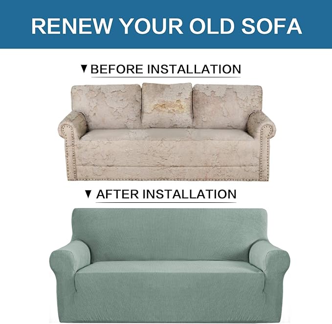 H.VERSAILTEX Stretch Sofa Covers for 3 Cushion Couch Covers Sofa Slipcovers for Living Room Feature Thick Checked Fabric with Elastic Bottom, Sofa Large - Sage