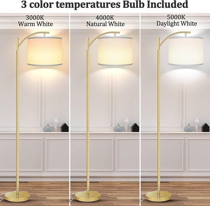 Rottogoon Floor Lamp for Living Room, LED Standing Lamp with 2 Lamp Shades Tall Industrial Floor Lamp Reading for Bedroom, Office, Study Room (9W LED Bulb, Beige & White Shades Included) -Gold