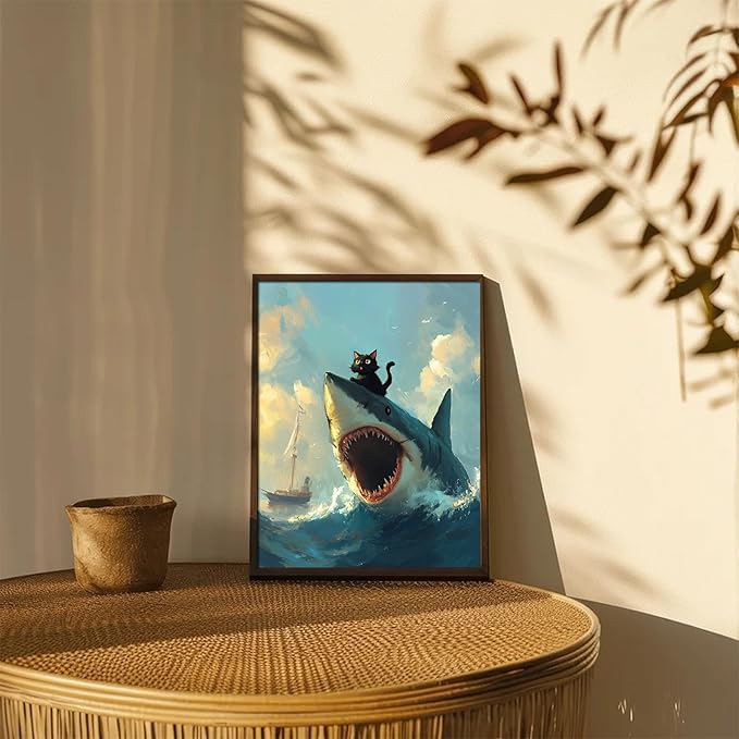 XOCUUI Cat Riding Shark Canvas Funny Cat Canvas Animal Decor Funny Shark Picture Coastal Theme Artwork Animal Prints Abstract Fish Picture Black cat Painting For Lover 8x10 - Unframed