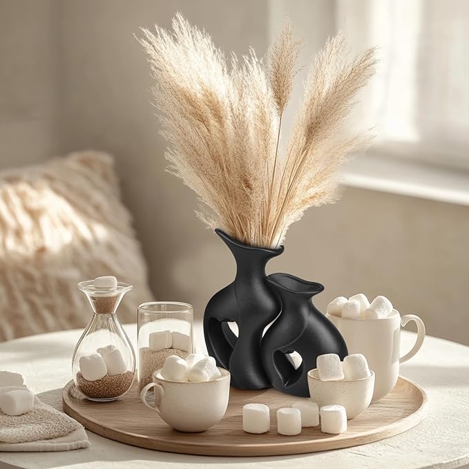 Heart Ceramic Vase Set of 2, Black Flower Vases for Lovers, Modern Minimalist Vases for Home Decor or Gift