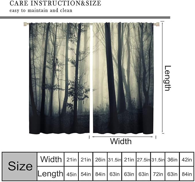 Gothic Forest Blackout Curtains, Nature Tree Scenery Foggy Woodland Landscape Art Printed Window Drapes, for Living Room Bedroom 31.5(W)*63(L) 2 Panels