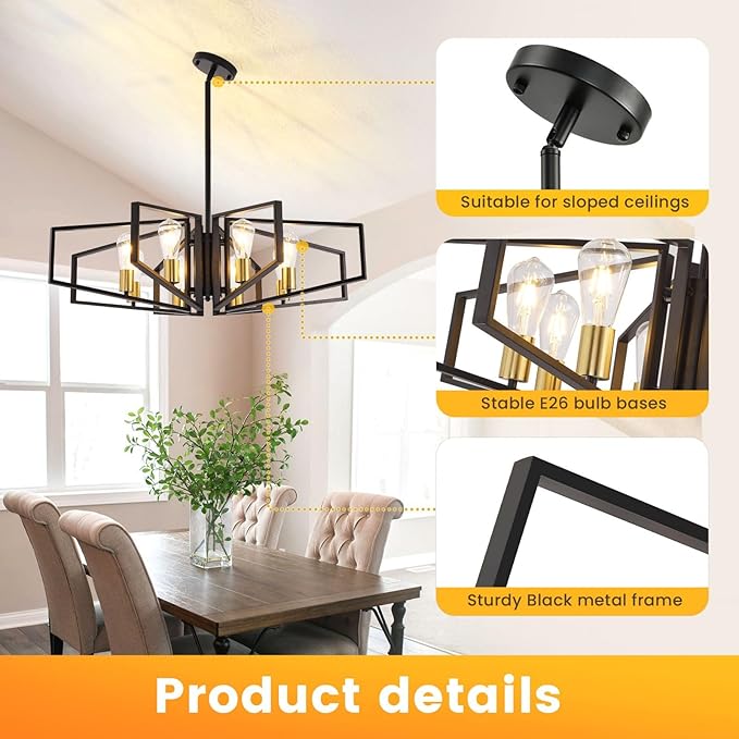 Black and Gold Chandelier, 8-Light Farmhouse Dining Room Light Fixture, Geometric Pendant Lights Kitchen Island, Modern Industrial Chandelier for Living Room, Bedroom, Foyer, Stairway, Entryway