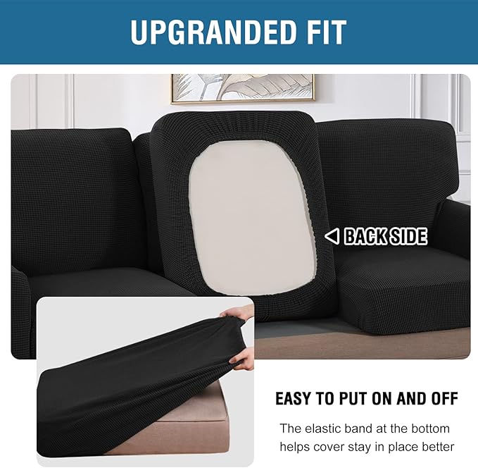 H.VERSAILTEX Multi-Pieces Sofa Covers Stretch Couch Covers Form Fitted Seats and Back Cushions Covers (2 Seat Covers Plus 2 Back Cusion Covers, Bonus 2 Armrest Covers), Black