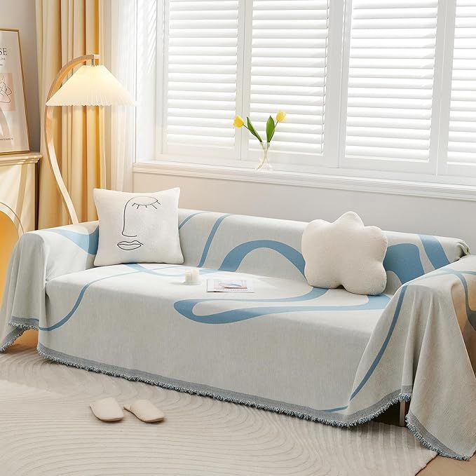 VClife Sofa Couch Cover Washable- Modern White and Blue Striped Jacquard Couch Cover for 2 Cushion Couch 71''x118'' - 1 Piece Soft Chenille Large Sofa Covers Slipcover for Living Room Bedroom