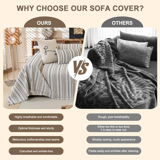 ROOMLIFE Thicked Striped Boho Khaki Couch Cover for 2-3 Cushion Sofa, Chenille Sofa Slipcovers Sectional Sofas Covers for Dog, Non Slip Washable Furniture Protector Soft with Tassel 71''X134''