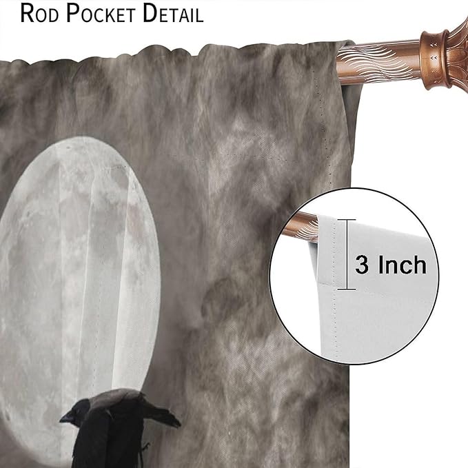 Gothic Crow Blackout Window Curtains, Gothic Style Dark Sky Full Moon Raven Halloween Pattern Window Drapes, for Home Bedroom Living Room 21(W)*54(L) 2 Panels