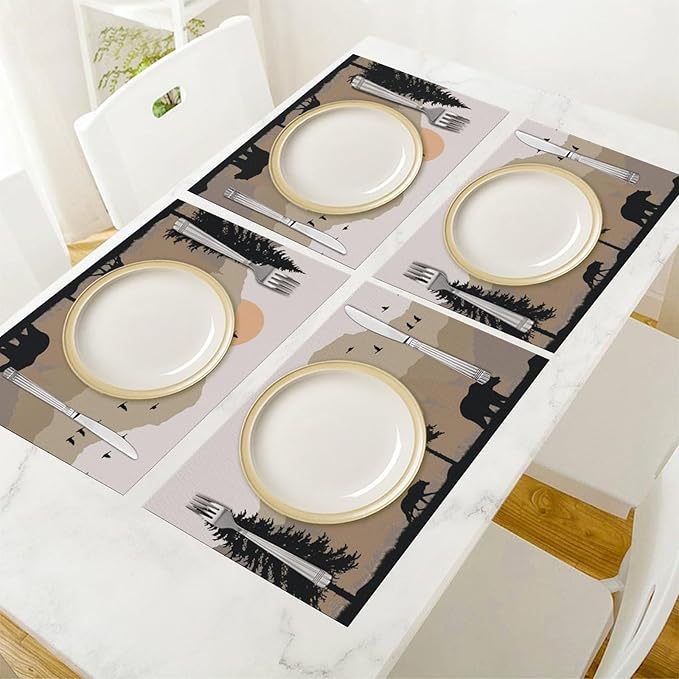 Rustic Animal Placemat Set of 4, 12x18 Inch Vintage Bear Deer Birds Wildlife Animal Aztec Forest Pine Tree Cabin Country Lodge Coffee Table Mats for Outdoor Kitchen Dining Table Decoration