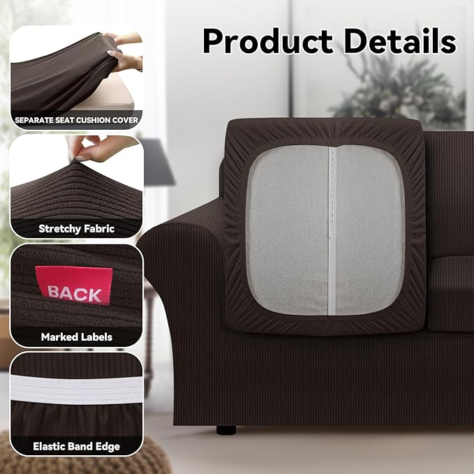 100% WaterproofCouch Cover 3-Piece Set Striped Sofa Slipcovers for 2 Cushion Couch Sofa Covers with TPU Leakproof Bottom Stretch Couch Protector Pet Proof - Sofa(2-Cushion), Coffee