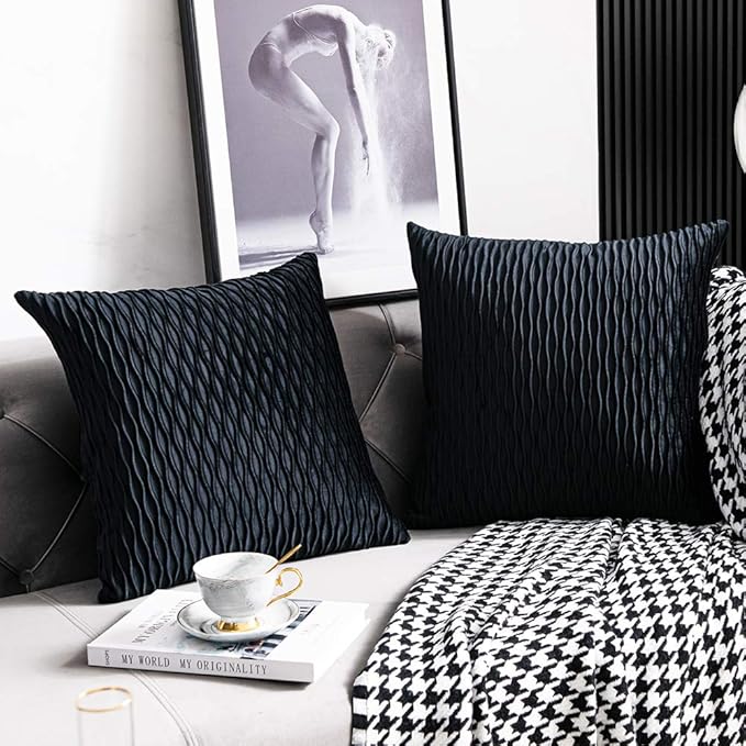 Black Striped Decorative Pillow Covers: 2 Pack 18x18 Inch Original Velvet Square Throw Pillow Cases for Farmhouse Couch
