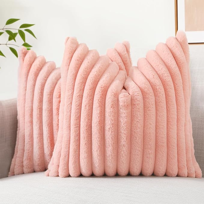 decorUhome Faux Fur Christmas Throw Pillow Covers 20x20 Set of 2, Decorative Soft Plush Striped Neutral Couch Euro Pillow Covers with Velvet Back for Sofa, Bed, Living Room Home Decor, Blush Pink
