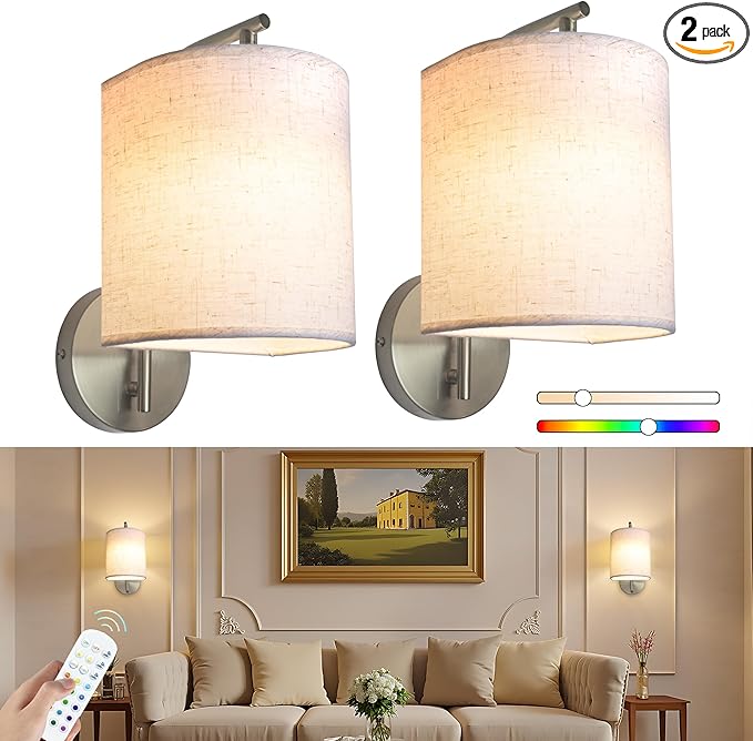 Rechargeable Battery Operated Wall Sconces Set of 2 Wireless Wall Lights with Remote Control 12 RGB Colors Magnetic Bulbs 5200mAh Battery Wireless Sconces for Bedroom Living Room (Silver)