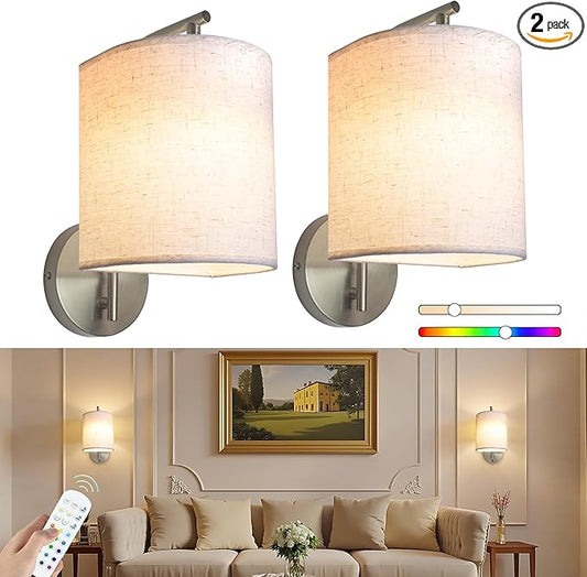 Rechargeable Battery Operated Wall Sconces Set of 2 Wireless Wall Lights with Remote Control 12 RGB Colors Magnetic Bulbs 5200mAh Battery Wireless Sconces for Bedroom Living Room (Silver)