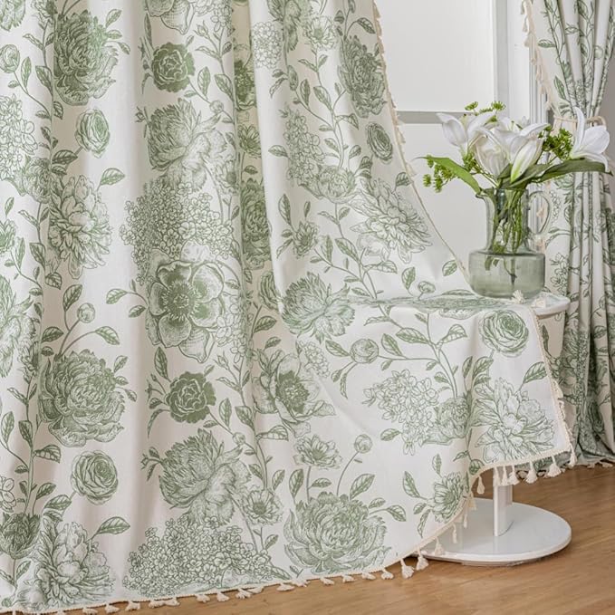F-CHU Sage Green Floral Curtains Living Room Drapes 84 Inch Length Cotton Linen Boho Window Curtain with Tassel Rod Pocket Bedroom Macrame Drapes Flower Curtains, 2 Panel Sage Green