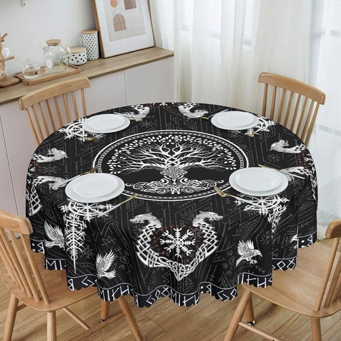 Norse Viking Tablecloth, Nordic Mythology Tree of Life Crow Ancient Mythical Viking Raven Print Water Resisitant Table Cover for Dining Kitchen Living Room Home Party Holiday Decor 60 inch Round