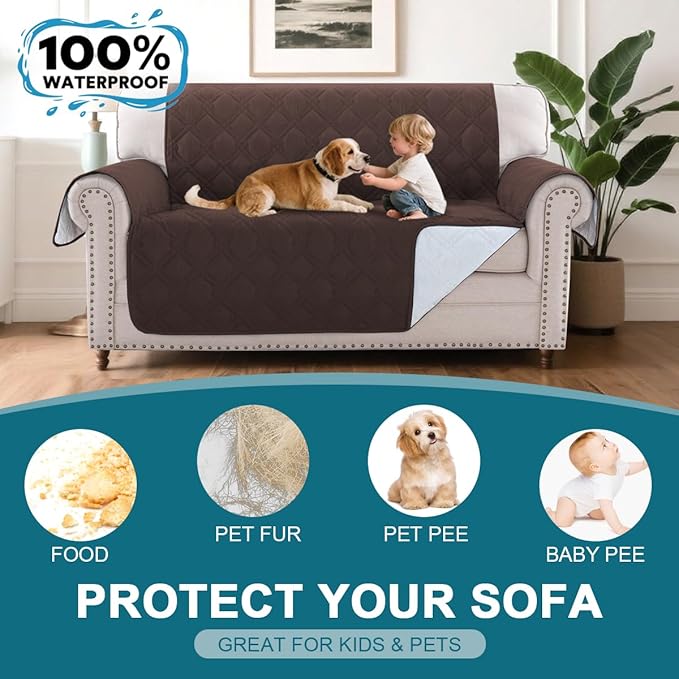 Turquoize 100% Waterproof Couch Cover Sofa Covers for 2 Cushion Couch Loveseat Covers Triple Non-Slip Washable Furniture Protector Cover for Pets, Kids, Dog (Loveseat 54", Chocolate)