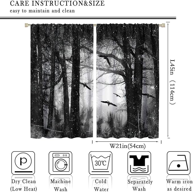 Gothic Forest Blackout Curtains, Foggy Forest Dead Trees Crow Halloween Style Black White Scary Print Window Treatments, for Bedroom Living Room 21(W)*45(L) 2 Panels