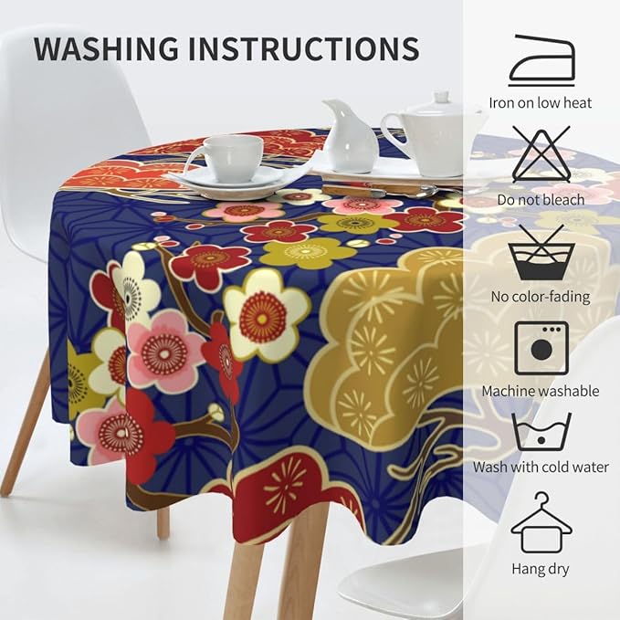 Cherry Blossom Tablecloth, Pink Floral Traditioanal Oriental Koi Vintage Asian Style Water Resisitant Wipeable Table Cover for Dining Kitchen Living Room Home Party Holiday Decor 70 inch Round