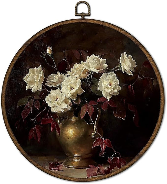cvjutf Retro Moody Floral Wall Art Decor Framed, Vintage Dark Cottagecore Rose Round Wall Decor, Rustic Dark Academia Flower Vase Canvas Prints Art for Gallery Bedroom Living Room Kitchen, 10x10 Inch