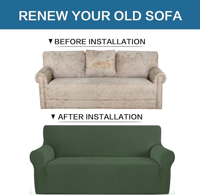 H.VERSAILTEX Stretch Oversized Couch Cover 1 Piece Sofa Slipcovers for Living Room Feature Thick Checked Jacquard Fabric with Elastic Bottom, Sofa X-Large - Bronze Green