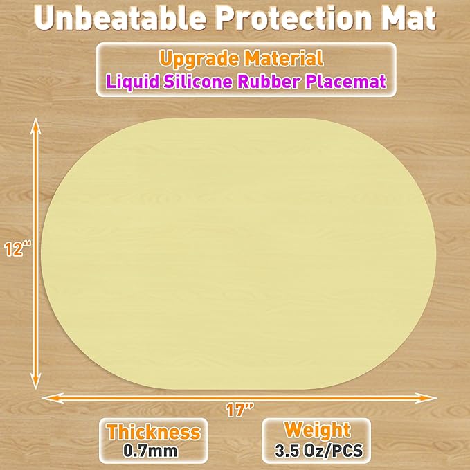 Oval Silicone Placemat Set of 4,Heat Resistant Placemats, Silicone Table Mats,Non-Slip Dining Mat for Home,Waterproof Easy Clean Kids Placemats,17"x12" LSR Translucent (4Pcs, Yellow)