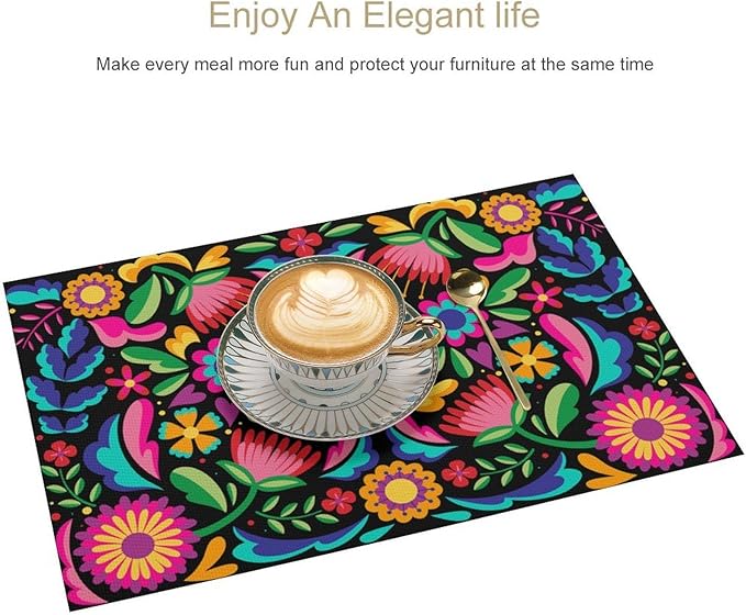 Mexican Fiesta Placemat Set of 4, 12x18 Inch Black Colorful Mexico Floral Flroal Birds Birds Talavera Cinco De Mayo Day of The Dead Coffee Table Mats for Outdoor Kitchen Dining Table Decoration
