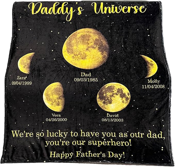 Personalized Moon Phase Blankets Family Name Moon Phase Blanket Custom Papa Night Sky Throw Blanket for Dad Grandpa Christmas Birthday Father's Day