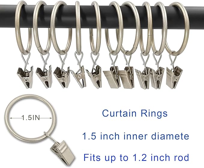 20 Pack Metal Curtain Rings with Clips, Curtain Clip Rings Hooks for Hanging Drapery Drapes Bows, Curtain Rod Rings 1.5 inch Interior Diameter, Matte Silver
