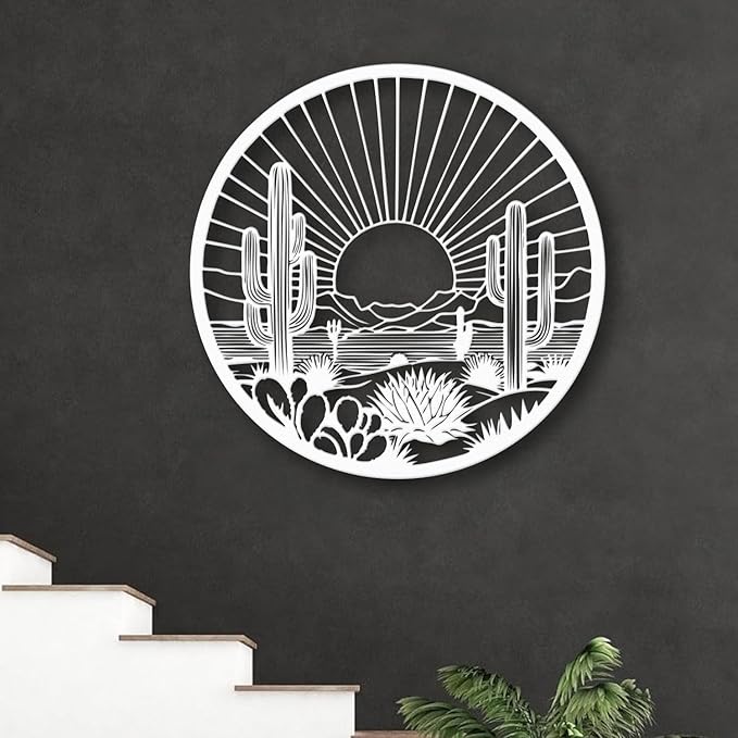 Desert Cactus Metal Wall Art, Round Desert Wall Decor with Cactus and Sunset Design, Metal Wall Art for Living Room Bedroom Entryway, Western Outdoor Cactus Decor (White, 24" x 24" / 60 x 60 cm)