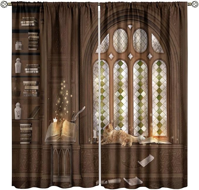 Gothic Medieval Library Blackout Curtains, Mid Century Study Cat Print Pattern Window Drapes, for Living Room Bedroom 27.5(W)*63(L) 2 Panels