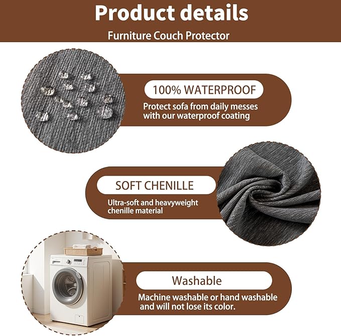 100% Waterproof Couch Cover Sofa Covers for 3-4 Cushion Couch Sectional Couch Washable Sofa SlipCover for Dog Pet-Friendly Furniture Protector for Living Room with Tassel(91" x 150", Gray)