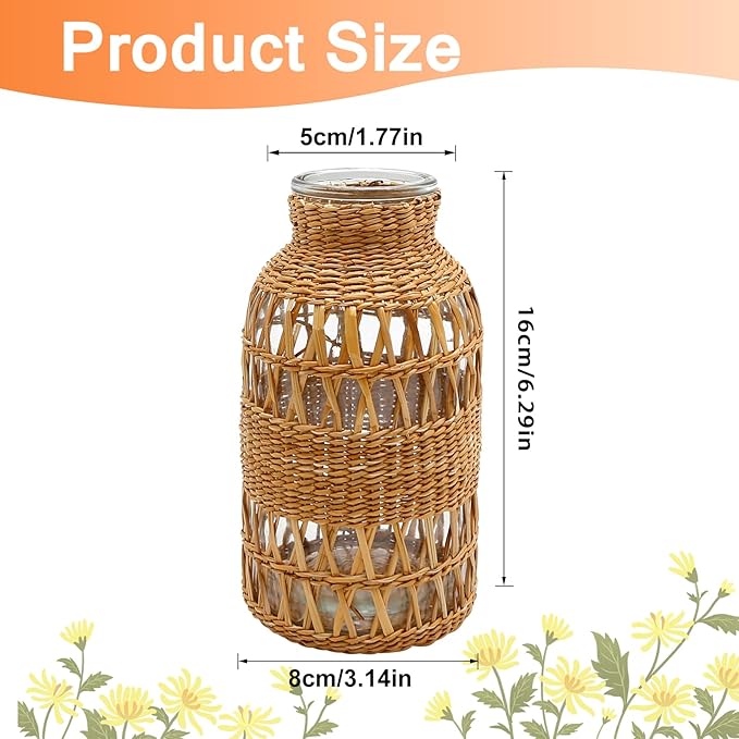 Straw Woven Glass Vase 6.29''x1.77''x3.15''Boho Glass Flower Vase Country Rustic Style Vase Glass Vase for Floral Arrangements Housewarming Party Home Decor (C Style 6.29IN)