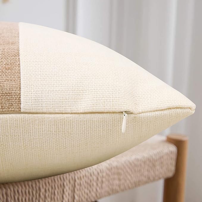 Set of 2 White Linen Patchwork Throw Pillow Covers 18X18 Farmhouse Decorative Square Striped Pillowcases for Couch Sofa Living Room Outdoor Decor