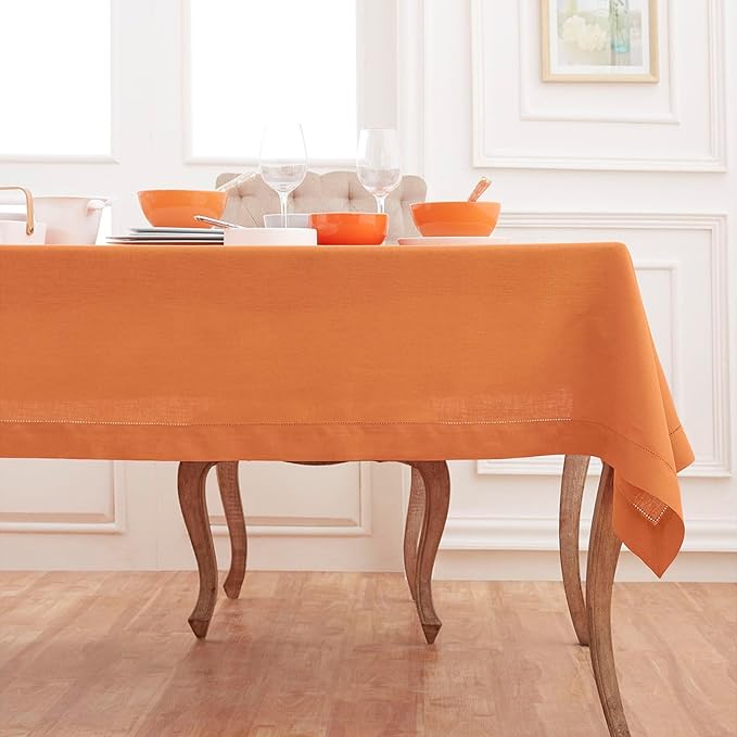 Solino Home Linen Tablecloth 60 x 156 Inch - Classic Hemstitch 100% Pure Linen Pumpkin Table Cloth for Rectangle Tables - Machine Washable Tablecloth for Fall, Autumn, Thanksgiving